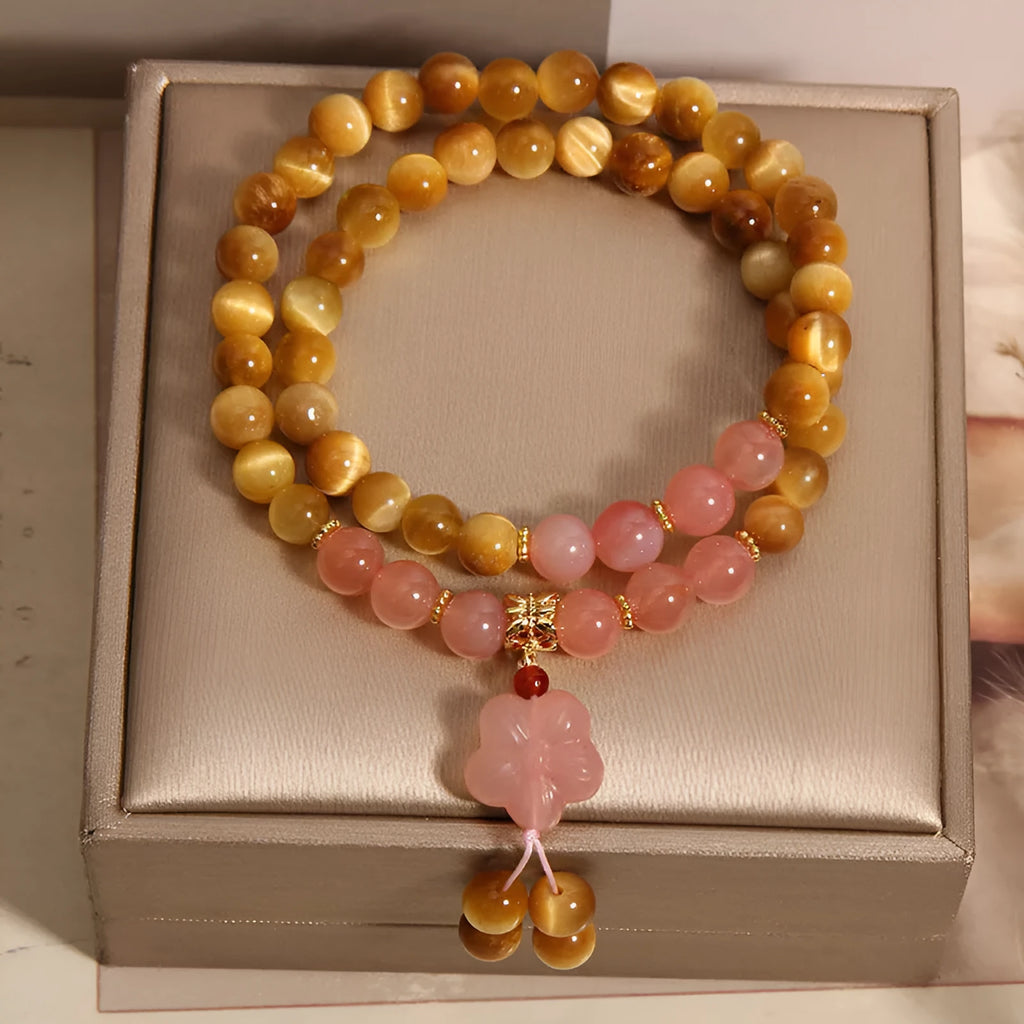 Chinese style tigereye double ring bracelet for women with crystal and pearl embellishments