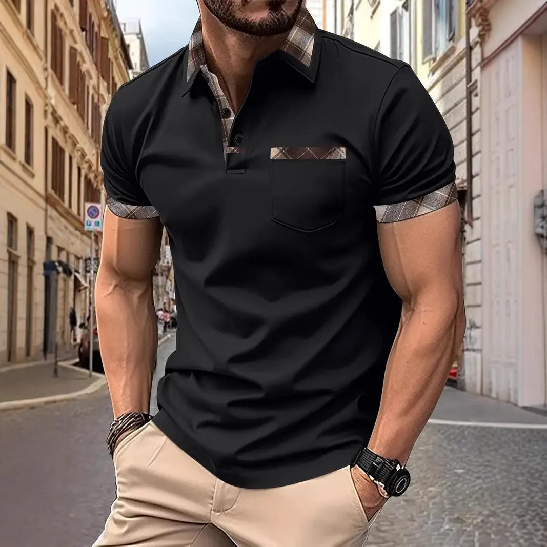 Men's plaid colourblock t-shirt with short sleeves and zipper decoration details