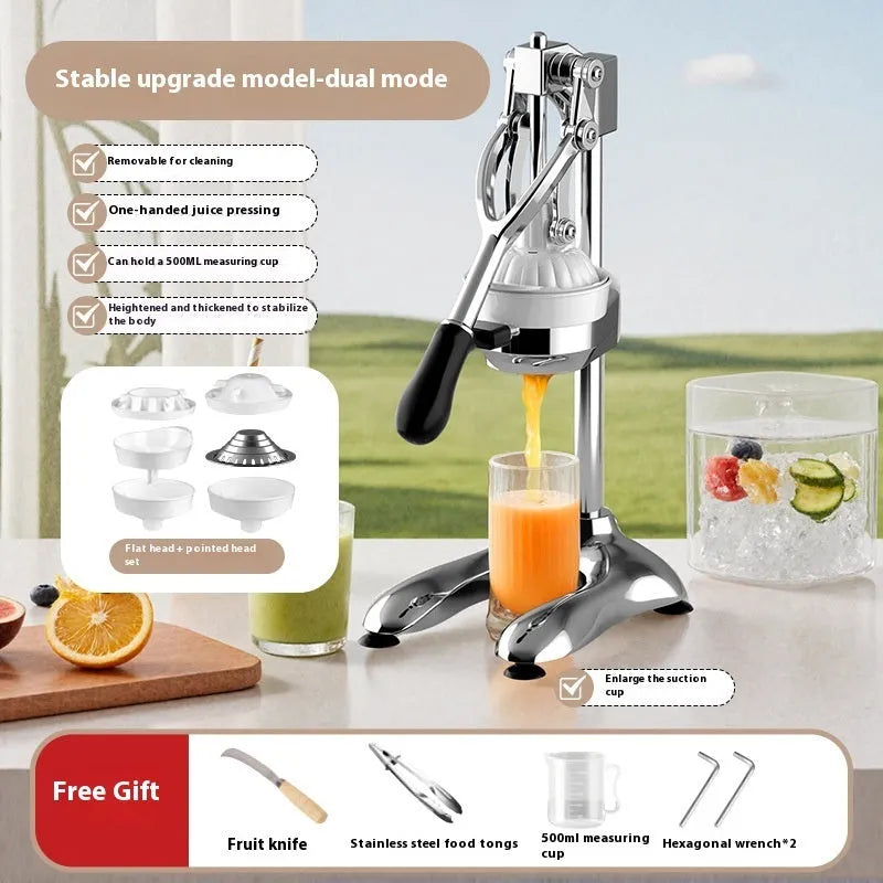Manual stainless steel citrus juicer with quick-disassembly mechanism and choice of flat or pointed die.