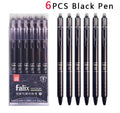 Blue and black erasable gel pens with 0.5mm tips and push-button mechanisms for school use