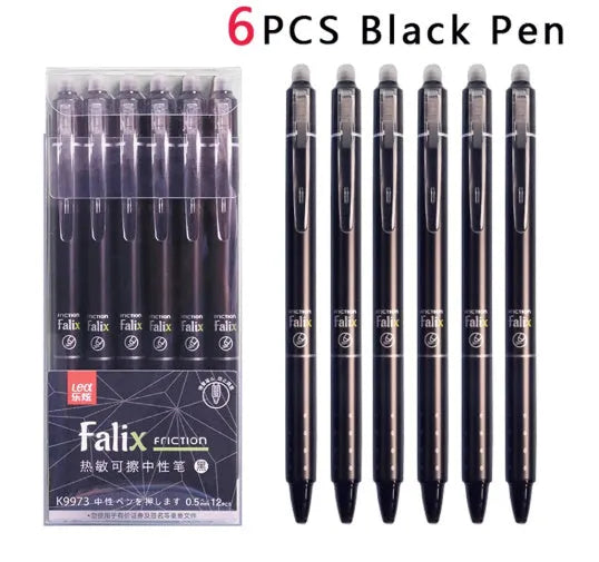 Blue and black erasable gel pens with 0.5mm tips and push-button mechanisms for school use