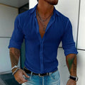 Men's striped long sleeve cardigan shirt in a loose British style fit, showing 3D pattern detail.