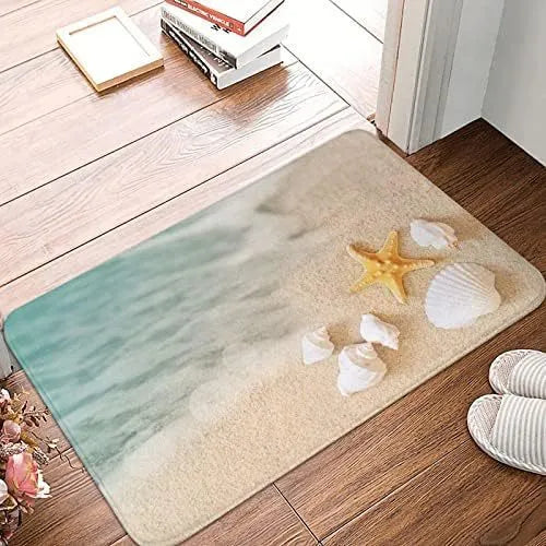 Personalised flannel floor mat in square shape showing coastal starfish and fruit print options