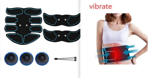 Digital EMS abdominal muscle trainer patch set with three pieces and a charging unit in red, blue, or yellow.