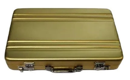 Aluminium alloy metal card holder in six colour options showing compact 100x65x16mm dimensions