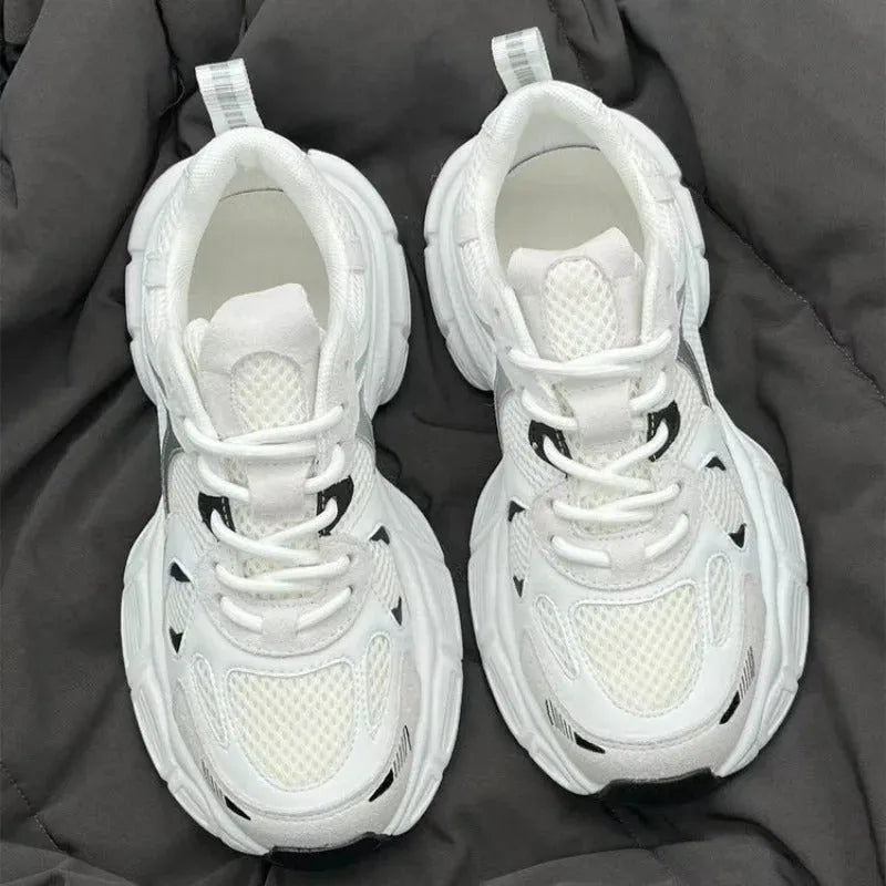 Beige women's mesh platform sports shoes with wedge heel and lace-up front