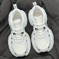 Beige women's mesh platform sports shoes with wedge heel and lace-up front