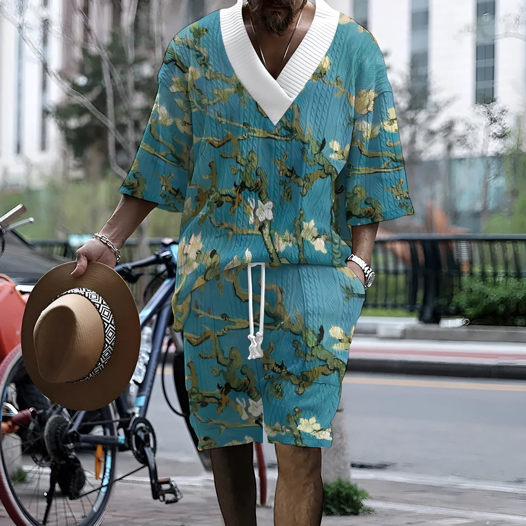 Men's peacock blue knitted shorts suit with 3D printed pattern and matching T-shirt