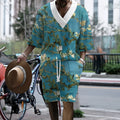 Men's peacock blue knitted shorts suit with 3D printed pattern and matching T-shirt