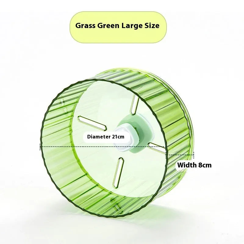 Parrot running wheel toy in transparent plastic with bird perched nearby