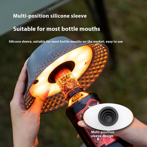 Camping lantern with wine bottle shade design in beige colour showing USB-C charging port