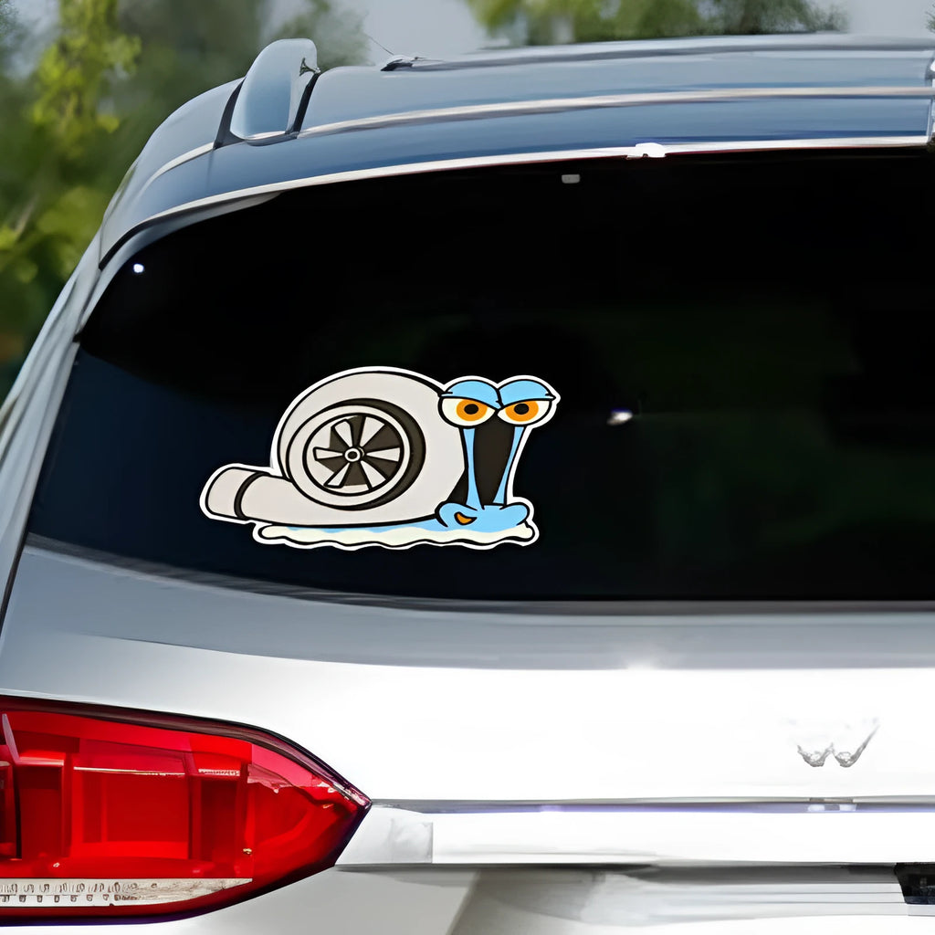 White cartoon snail reflective vinyl car sticker measuring 12 by 8 centimetres