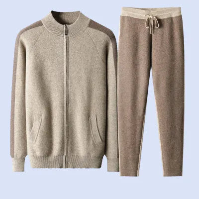 Men's camel-coloured cashmere wool blend half turtleneck zipper cardigan and matching trousers suit set