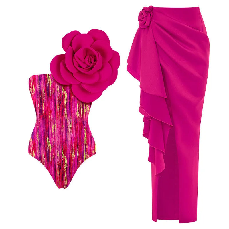 One-piece swimsuit with raised three-dimensional floral pattern in a solid colour, showing a tight European/American style fit.