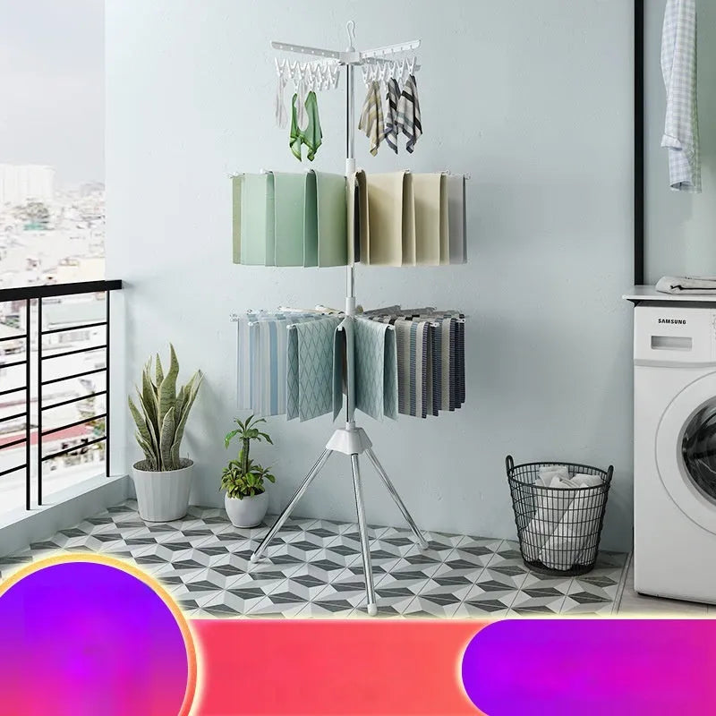 Stainless steel mobile drying rack with three layers and plastic clip sections for organised clothes drying