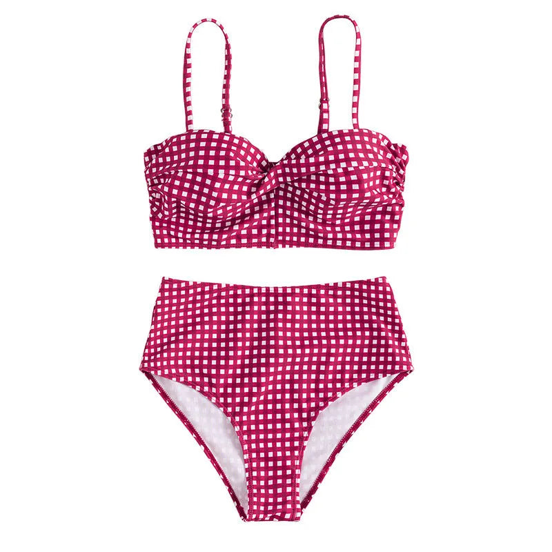 Women's high-waist bikini swimsuit with plaid design in multiple colours