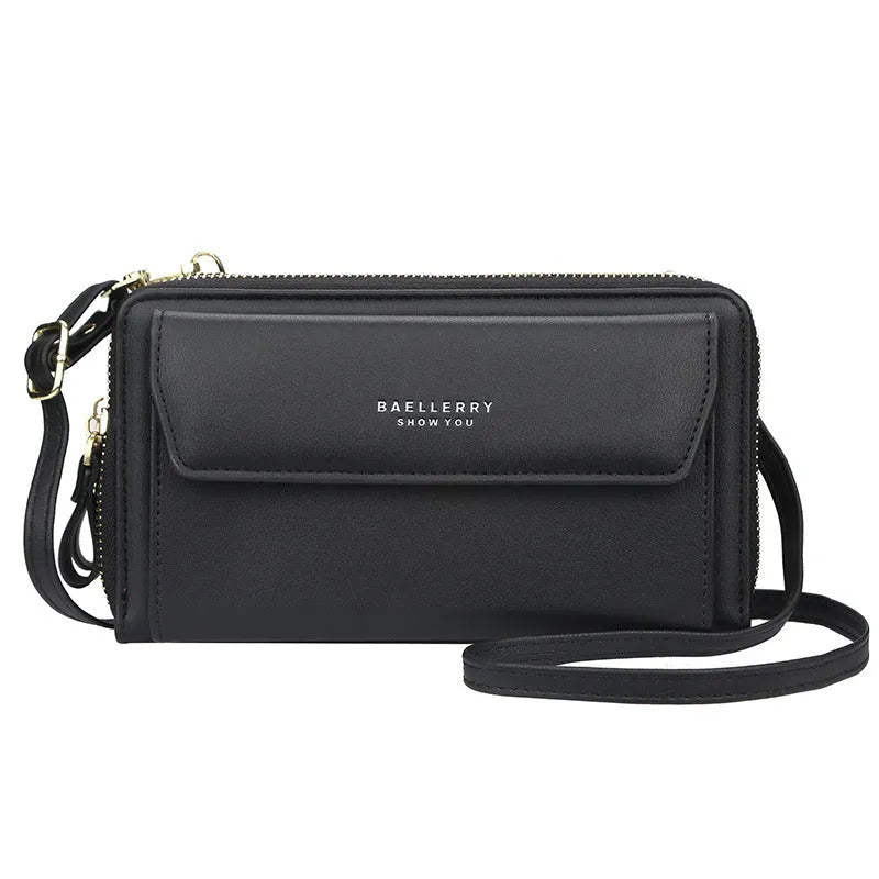 Ladies long wallet double zipper messenger bag in soft PU leather showing colour options