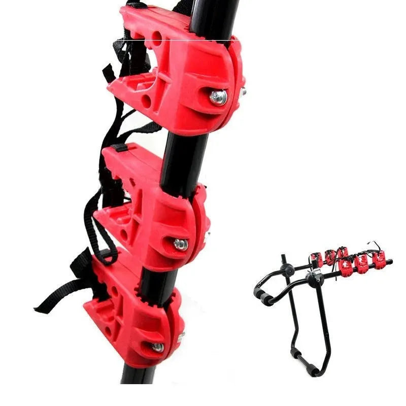 Black and red trunk mounted car bike rack with sponge padding, showing either tie rope or pull belt fastening.