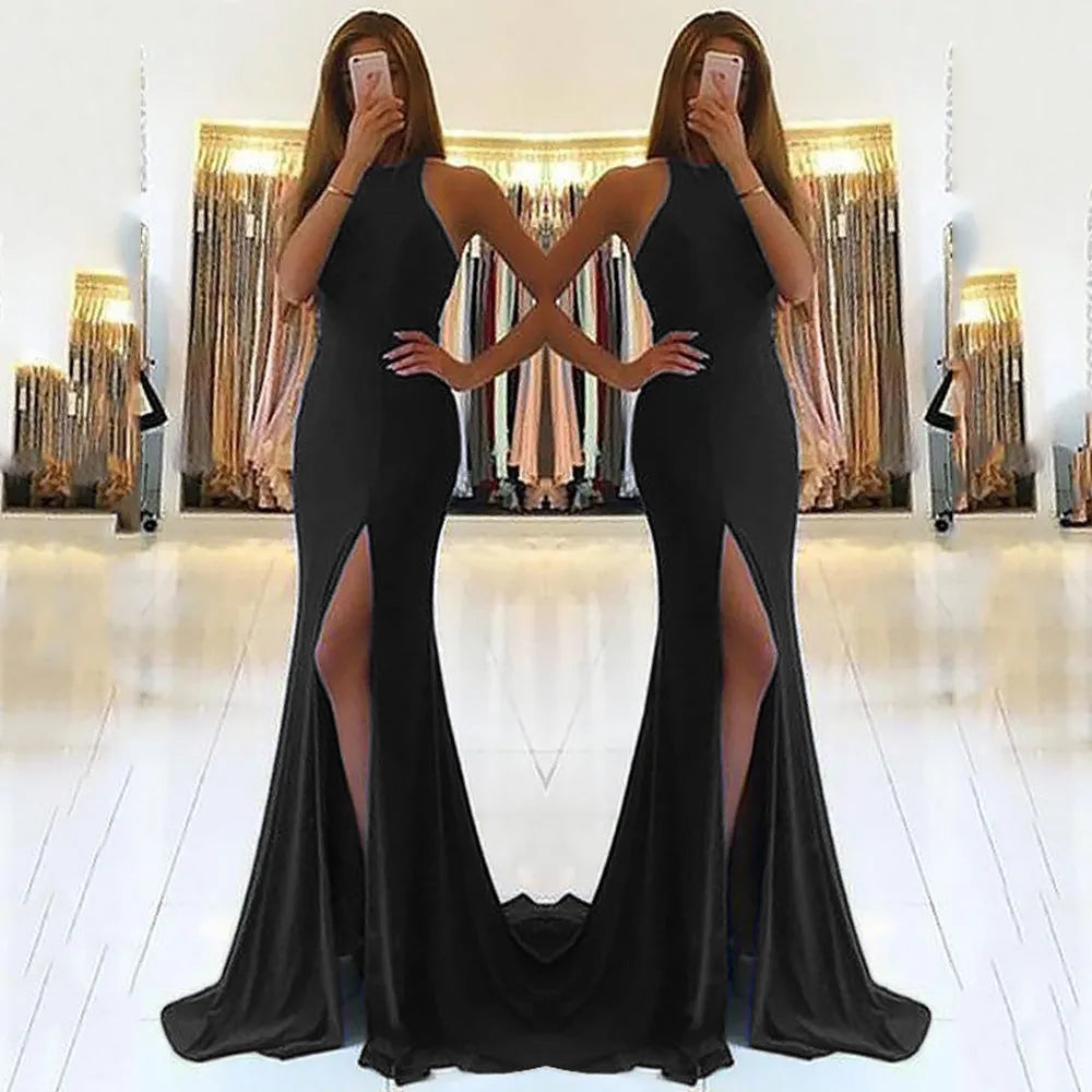 Long red knitted evening dress with high waist, swing skirt, hollow details and zipper.