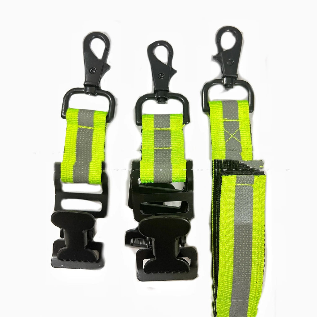 Fluorescent green safety glove clip with metal buckle and reflective nylon lining.