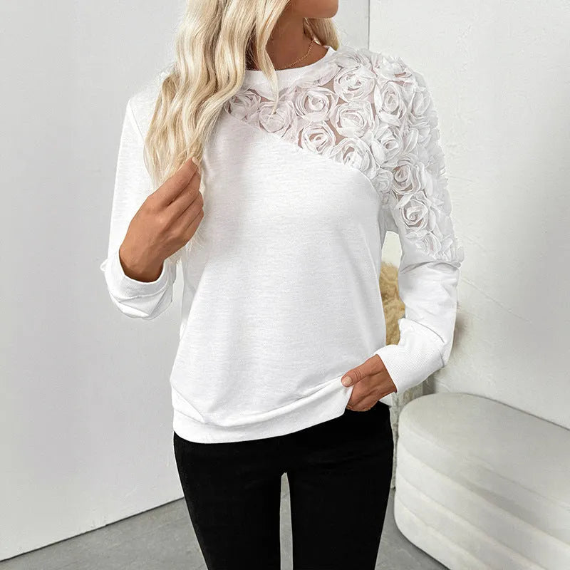 White floral print long sleeve pullover top with European and American sizing