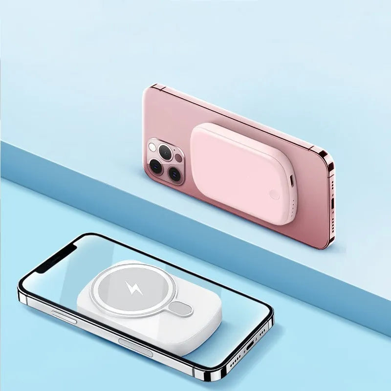 Magsafe magnetic wireless power bank for iPhone in pink, black, white, and purple colour options