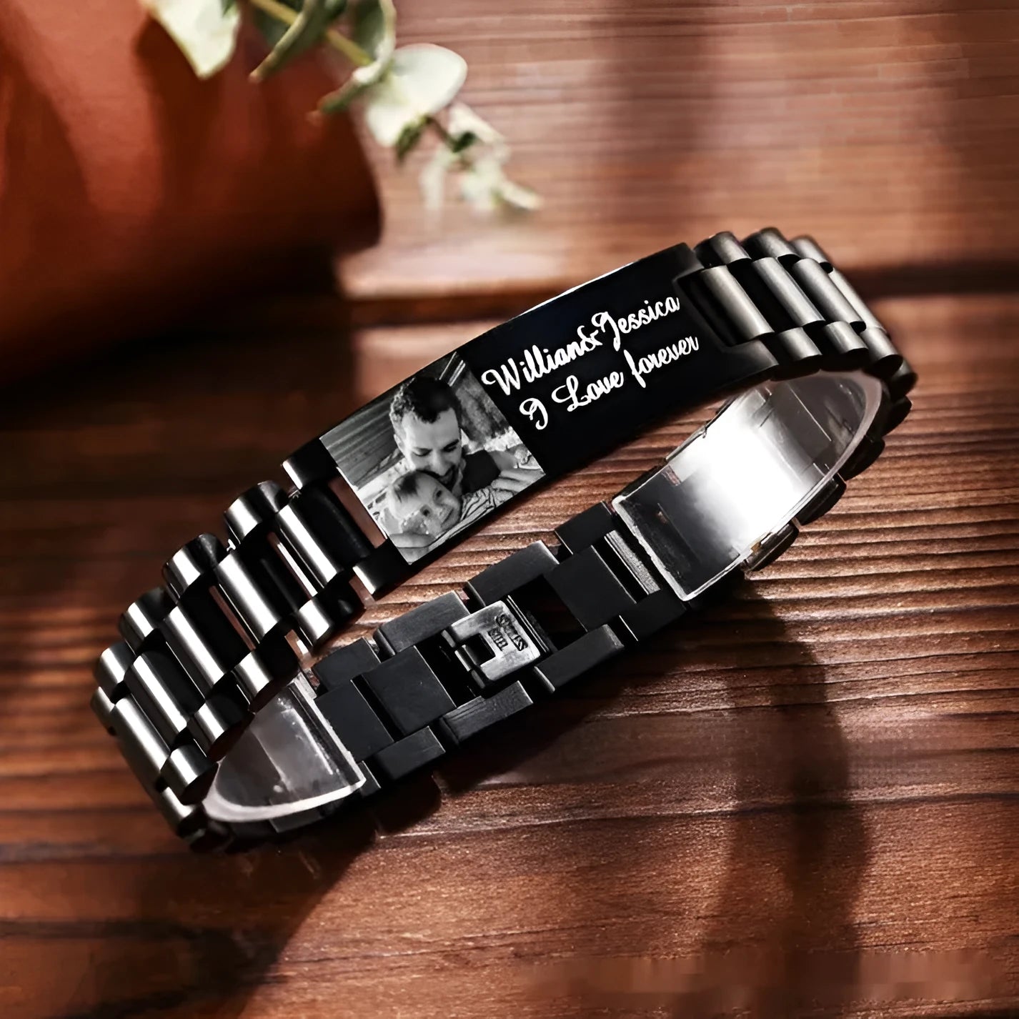 Titanium steel men's bracelet with curved heart shape and electroplated lettering in gift box