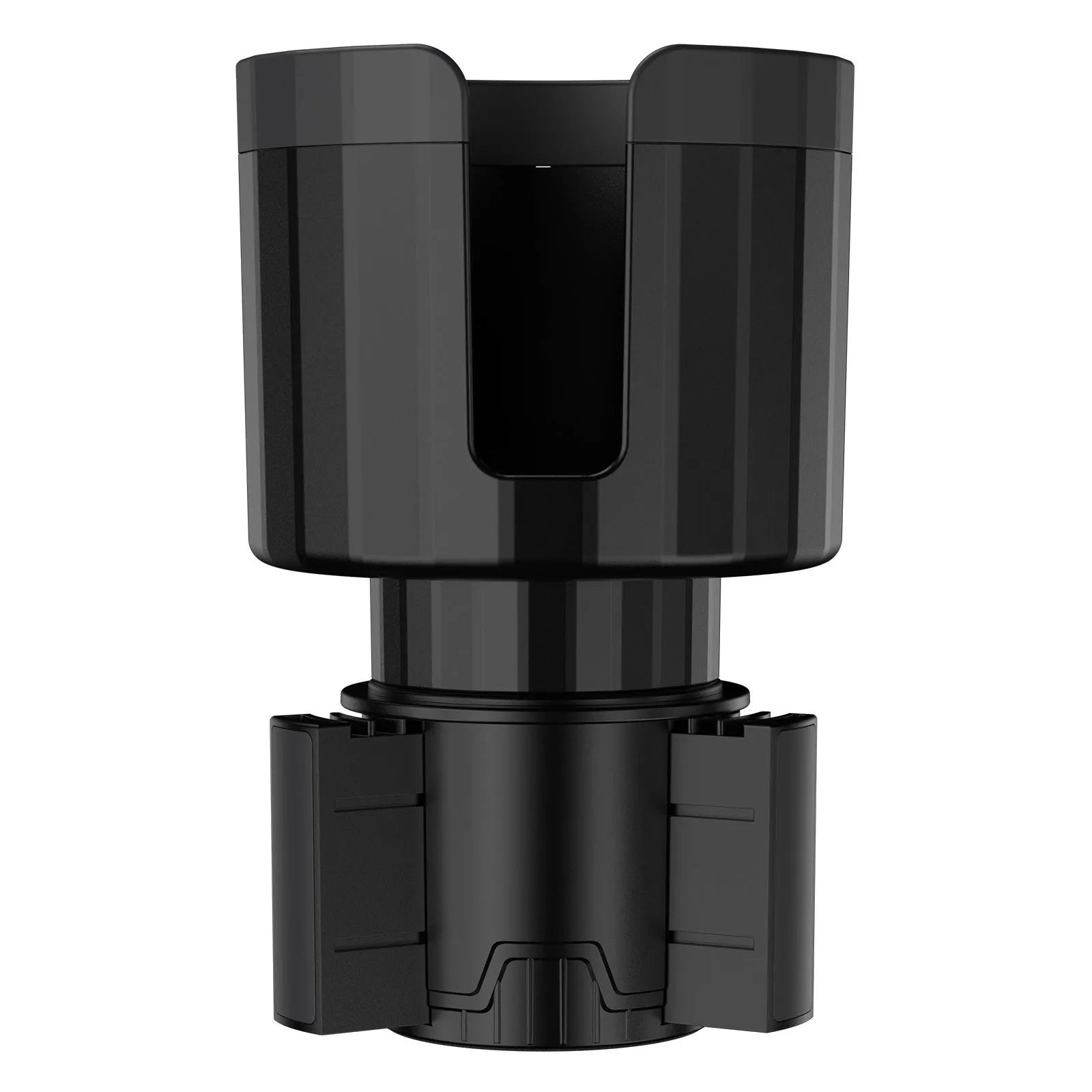 Matte black adjustable car cup holder expander for large bottles and travel mugs.