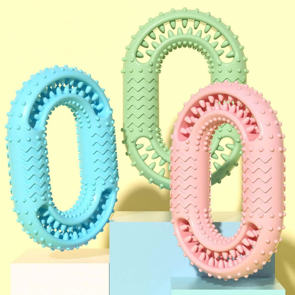 Blue o-ring shaped dog chew toy for aggressive chewers with dental cleaning benefits