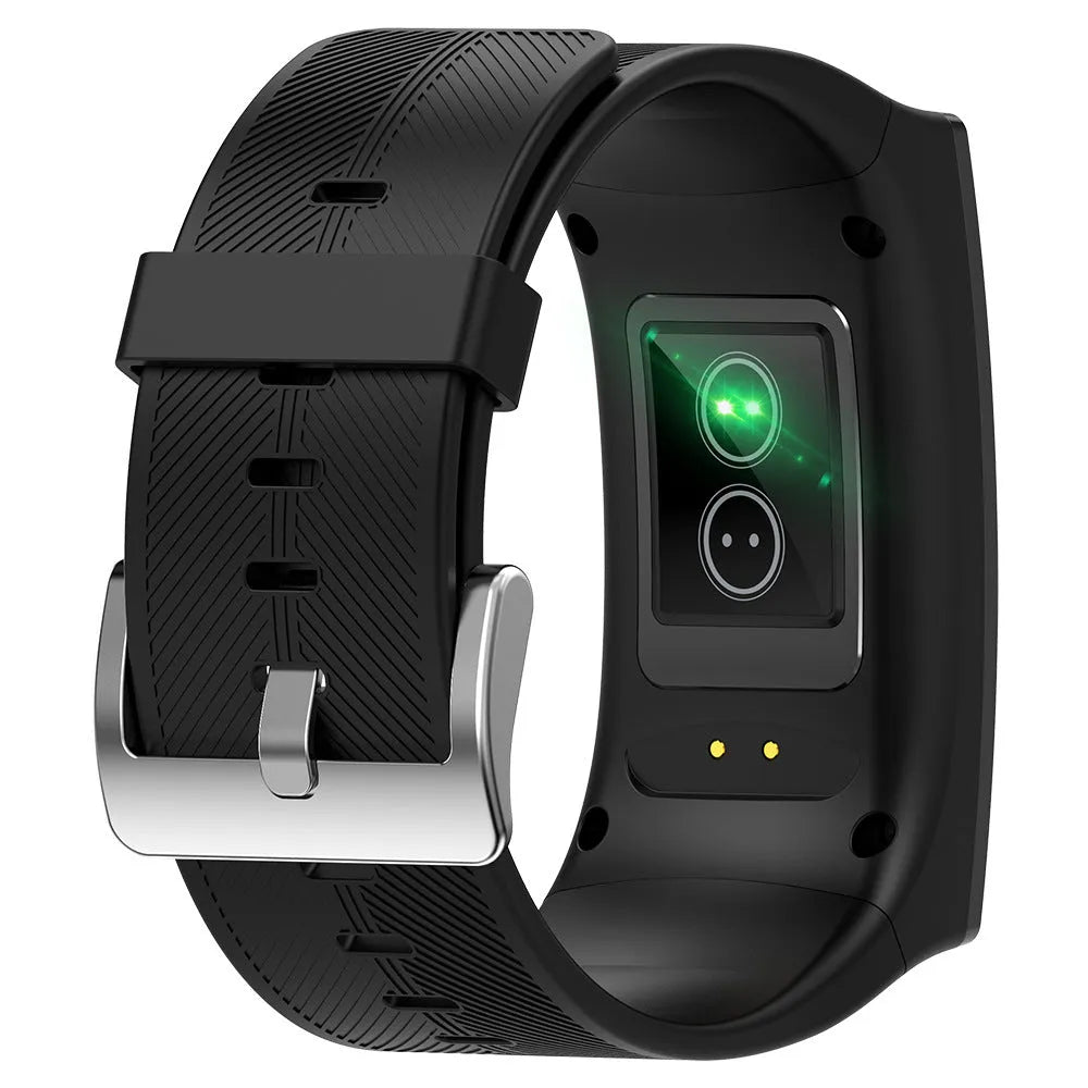 Black Bluetooth sports watch with blood pressure monitoring on silicone wristband showing 1.91-inch touchscreen display