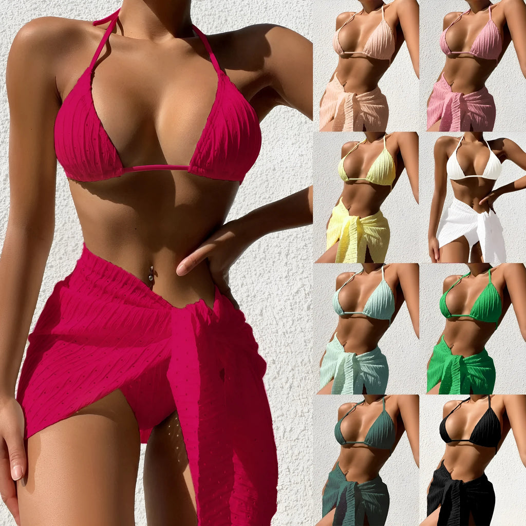 Women's halterneck backless bikini with matching solid colour mesh skirt, 3-piece swimsuit set.