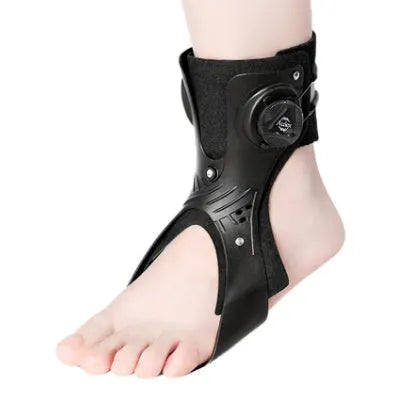 Grey and black airbag button ankle support brace shown on left and right foot