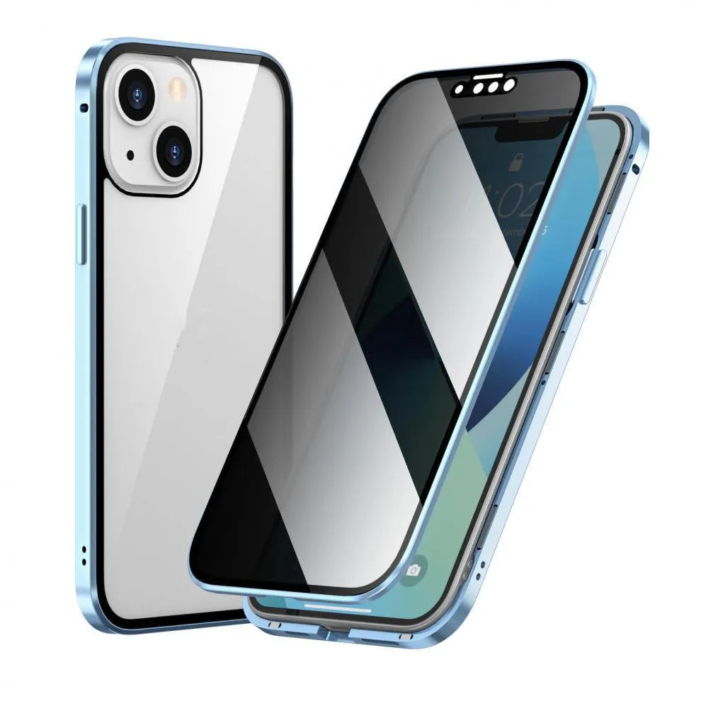 Magneto privacy-proof phone case with a double-sided metal frame, shown in a choice of colours for iPhone models.