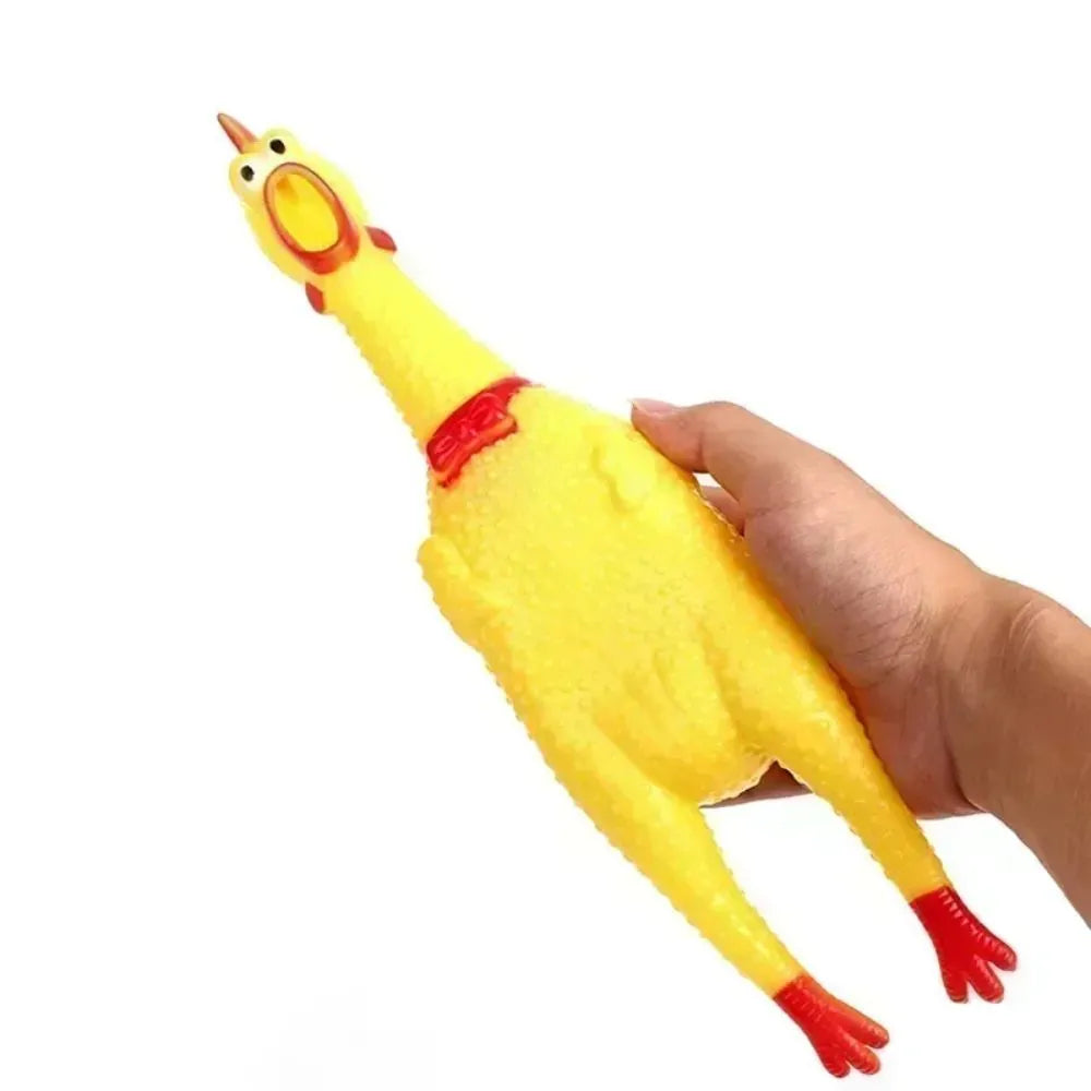 Yellow rubber Screaming Chicken squeaky dog chew toy shown in small, medium, and large sizes.