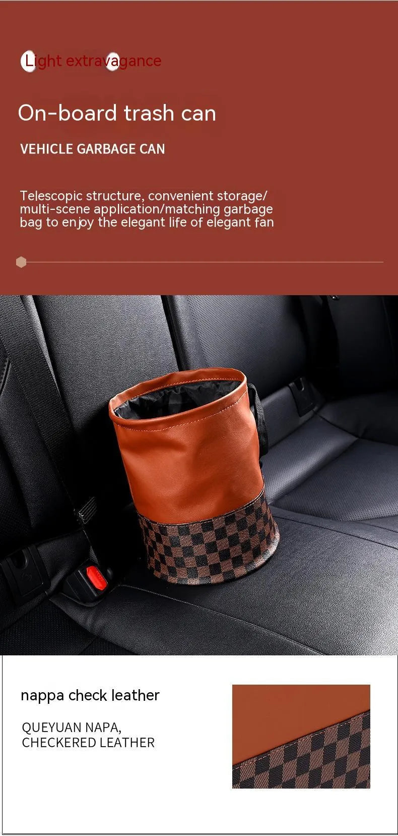 A retractable leather car trash can shown in a vehicle, featuring a carry handle.