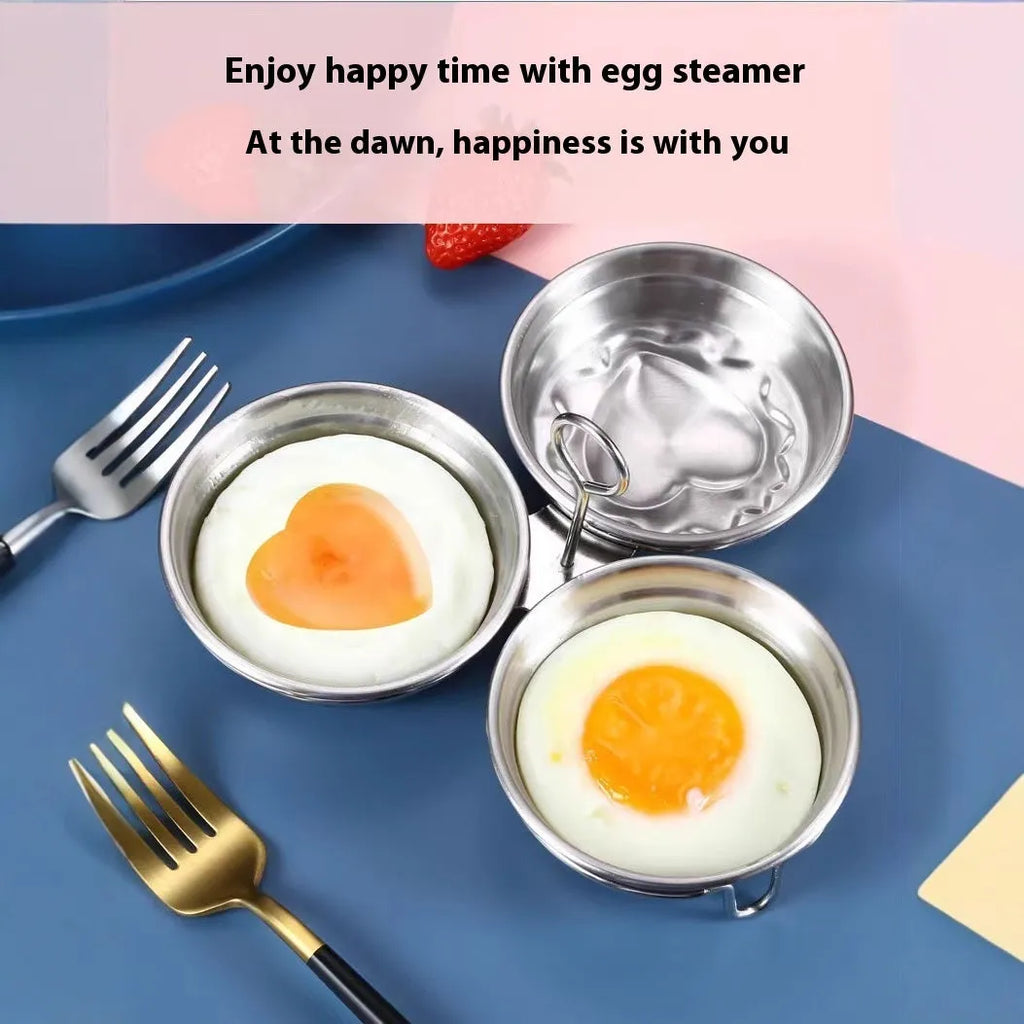 Stainless steel mini egg steamer in heart-shaped and round designs for boiling and stewing eggs.