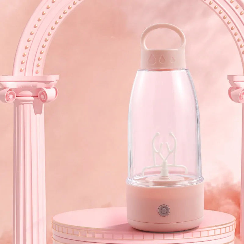 Automatic electric shaker bottle with USB port and handle in green, pink, or white