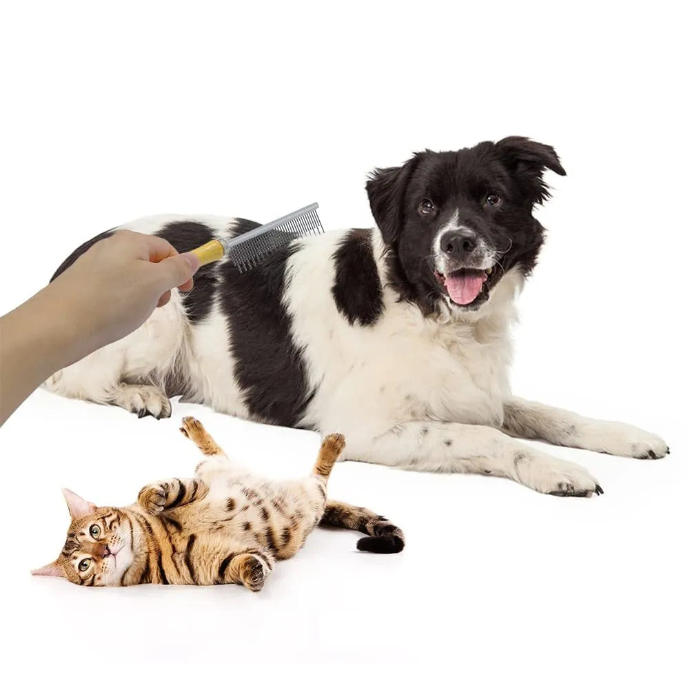 Wooden handle pet grooming comb showing three configuration types for dogs and cats
