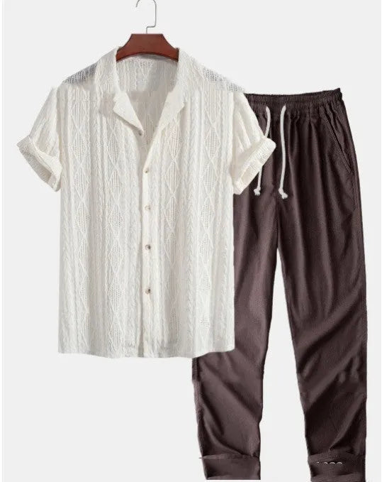 Mens loose short sleeve shirt and trousers casual set in milk silk polyester fabric for summer wear