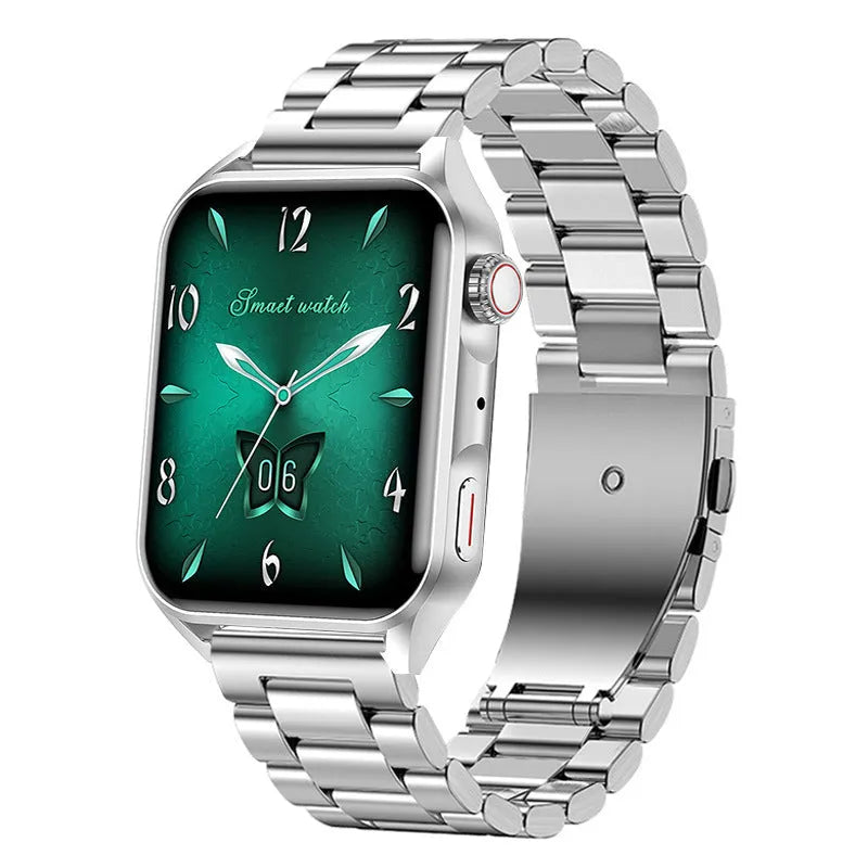 Smart watch with AMOLED screen and stainless steel case on silicone wrist strap