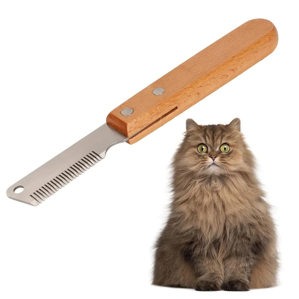 Pet stripping comb with wood handle and metal fittings for dog and cat grooming