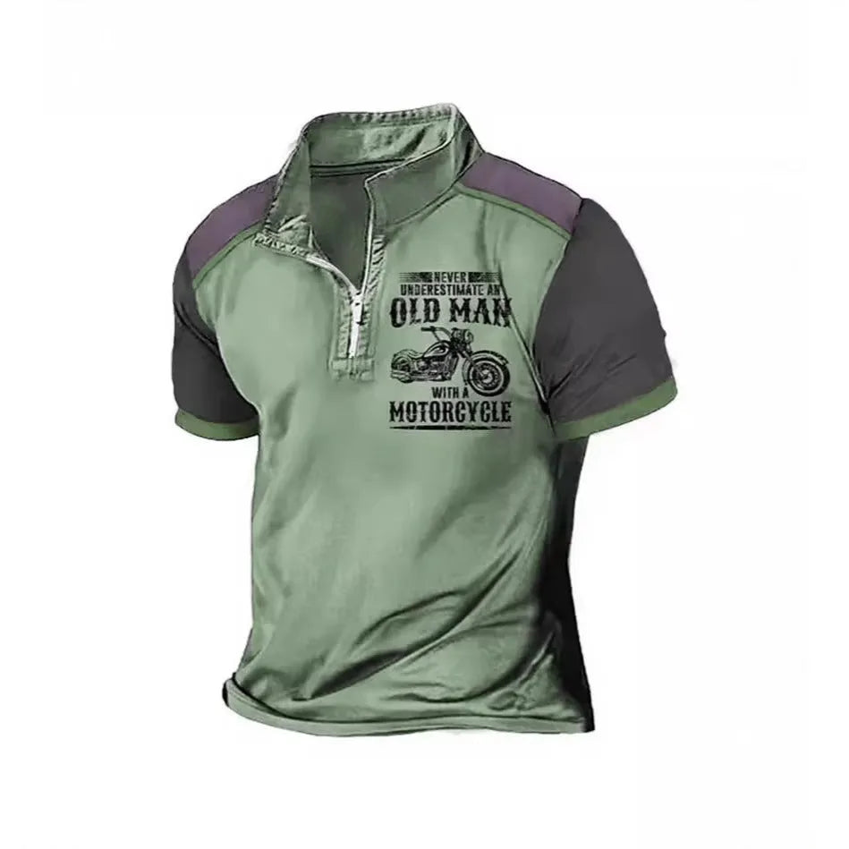 Men's grey casual polo shirt with a lapel collar, short sleeves, and a white digital letter print design on the chest.