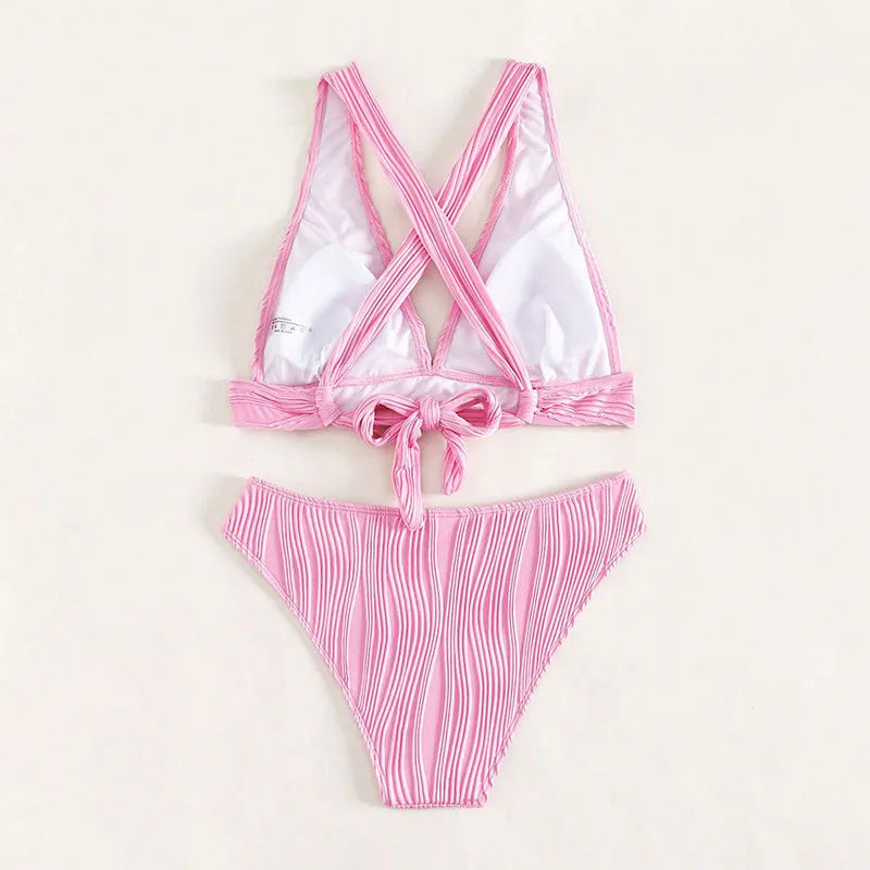 Women's pink halter strap split swimsuit bikini with matching shorts