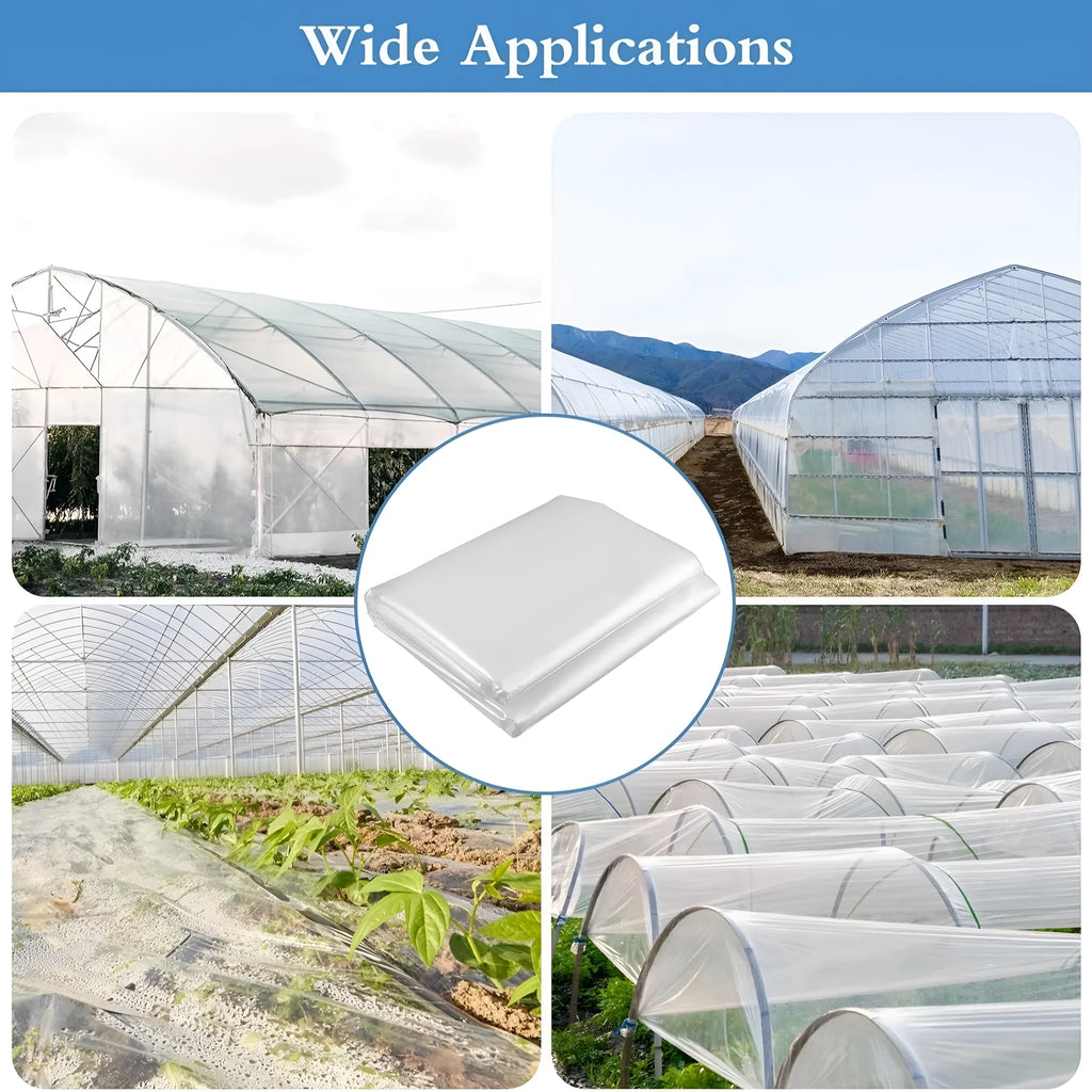 Large roll of clear plastic greenhouse film for vegetable shed insulation.