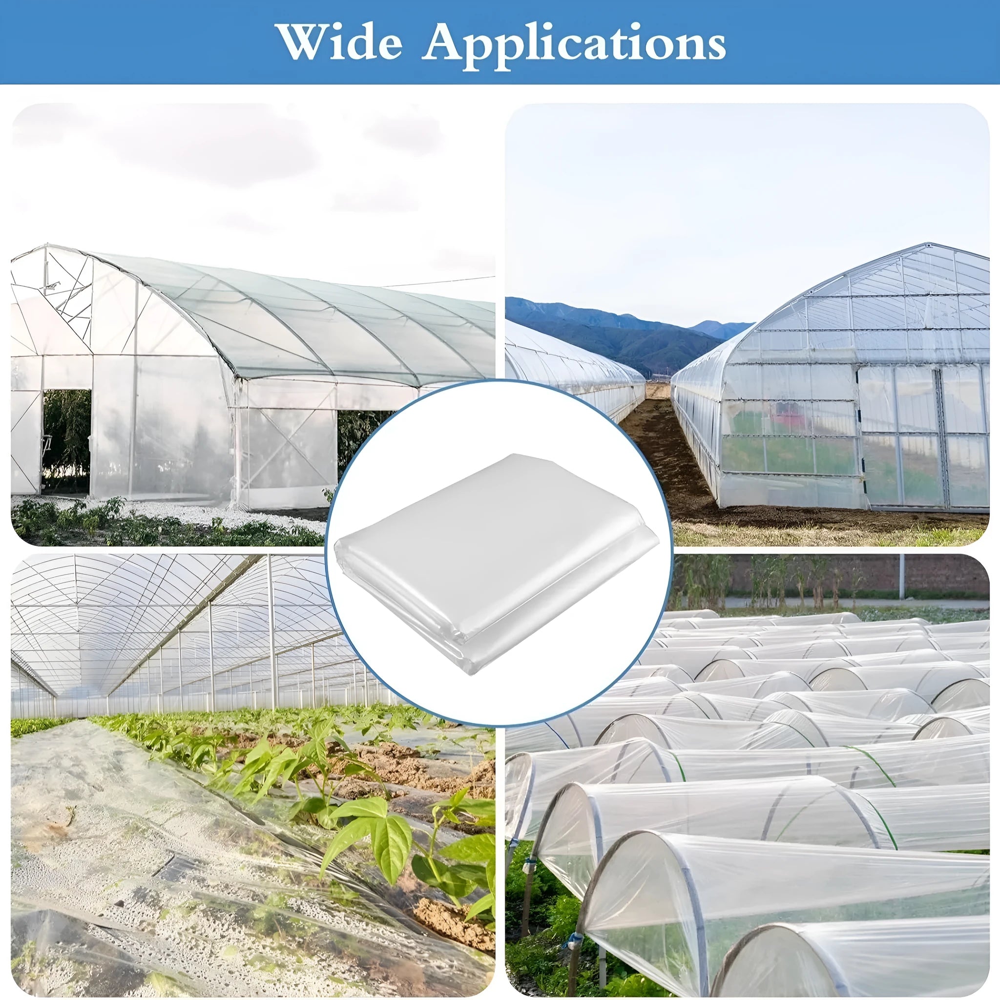 Large roll of clear plastic greenhouse film for vegetable shed insulation.