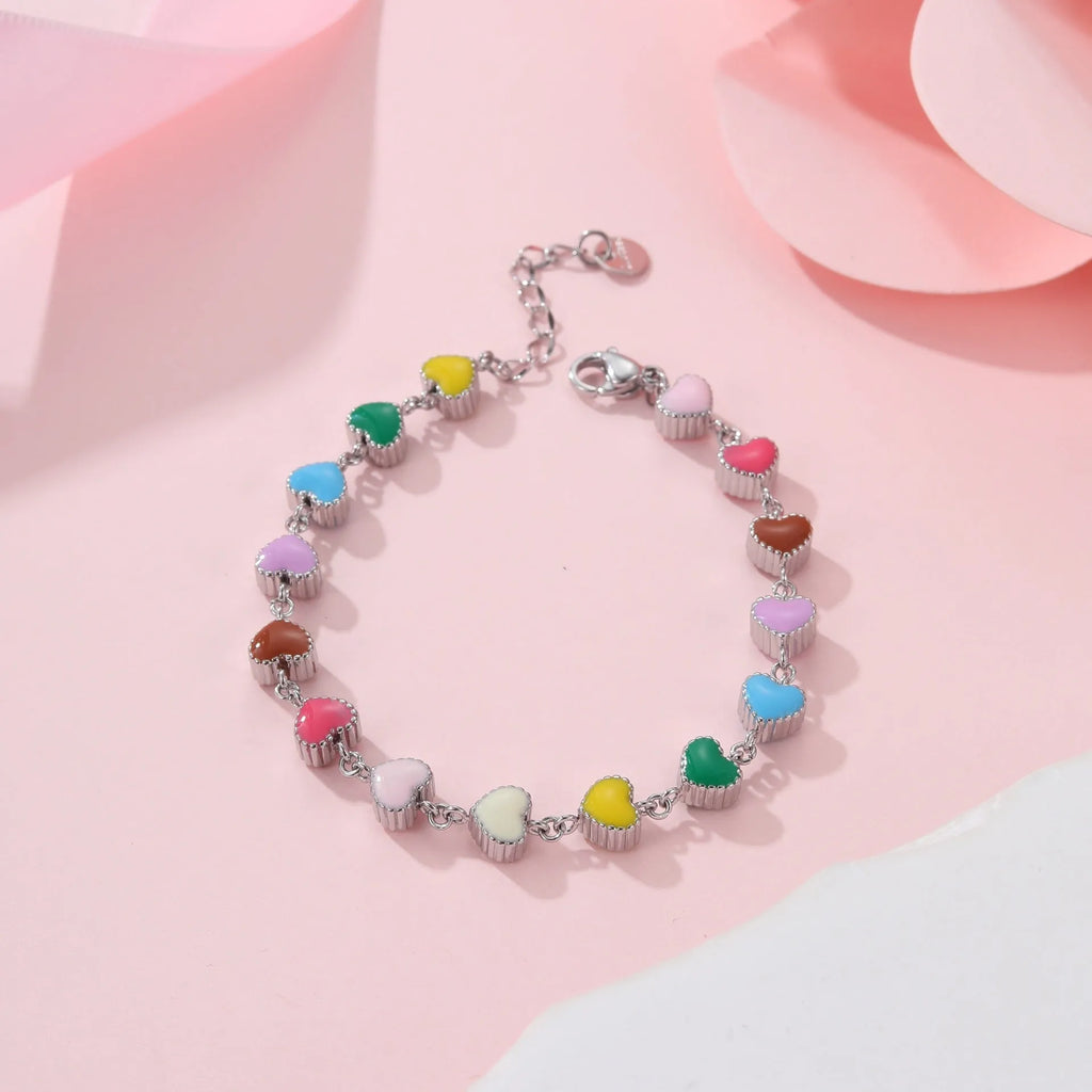Love heart-shaped colourful oil necklace bracelet in stainless steel with gold electroplated finish