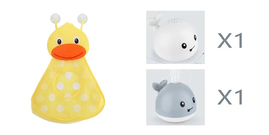 White and blue whale-shaped bath toy with water spray and LED lights floating in water