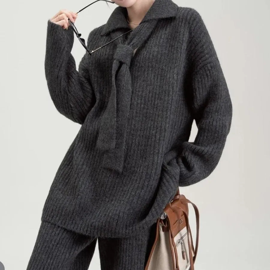 Sweater suit two-piece set with knitting top and trousers in imitation cashmere fabric