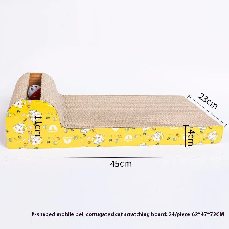Corrugated paper cat scratch board with leather border in one of seven available styles.