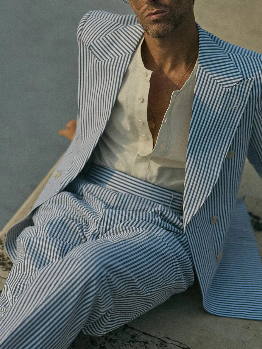 Blue and white striped polyester suit set with matching blazer and trousers for regular fit daily wear